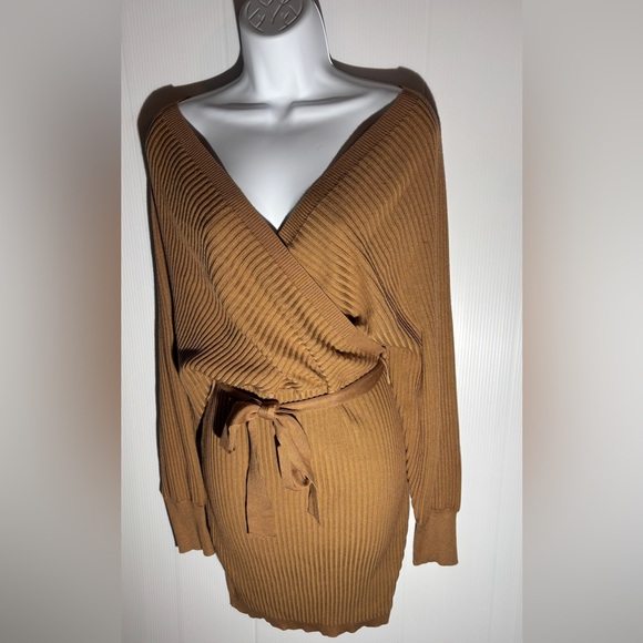 Love Tree Tan Ribbed V-Neck Sweater Dress - Picture 1 of 5